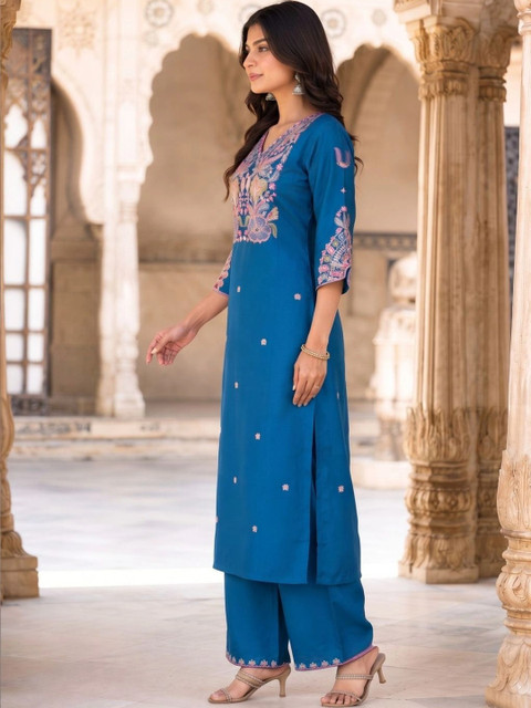 HERE&NOW Women Ethnic Motifs Embroidered Regular Thread Work Silk Kurta Palazzos Dupatta - Image 7