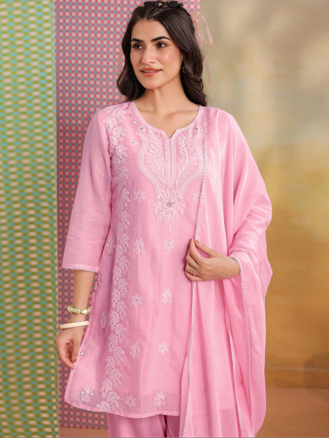 SKYLEE Women Ethnic Motifs Embroidered Regular Thread Work Pure Cotton Kurta with Palazzos & With Dupatta - Image 5