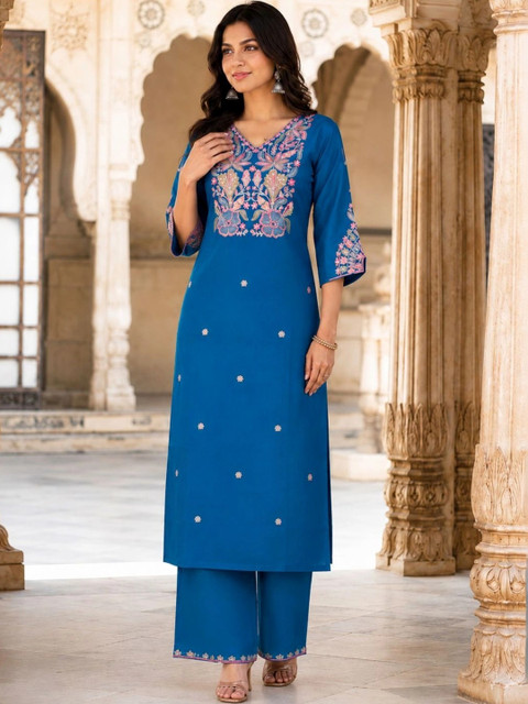 HERE&NOW Women Ethnic Motifs Embroidered Regular Thread Work Silk Kurta Palazzos Dupatta - Image 3