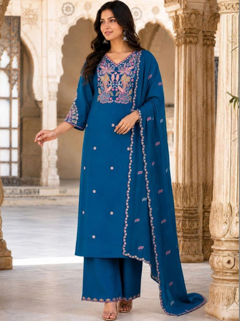 HERE&NOW Women Ethnic Motifs Embroidered Regular Thread Work Silk Kurta Palazzos Dupatta - Image 4