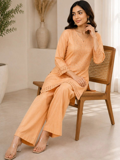 Peach Embellished Tunic with Trousers - Image 4