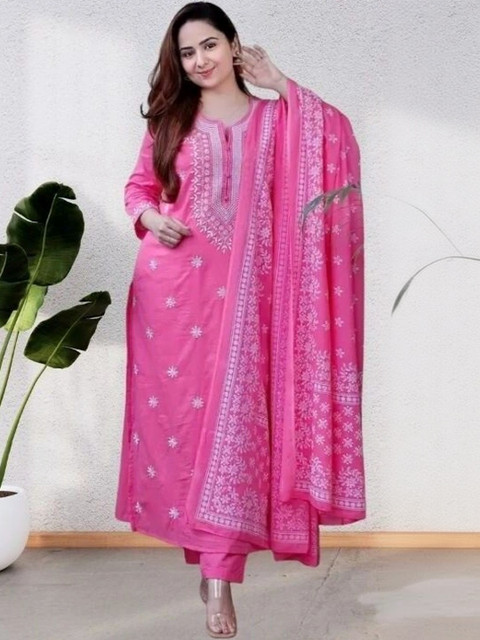 Ethnikaasilqora Women Ethnic Motifs Embroidered Regular Thread Work Kurta with Trousers & With Dupatta