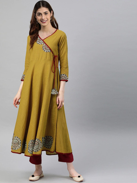 KALINI Women Mustard Yellow Floral Printed Angrakha Anarkali Kurta with Tassel Tie-Up