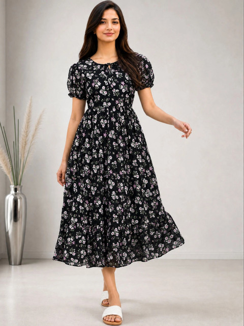 QENA Floral Print Puff Sleeve Georgette A-Line Midi Dress