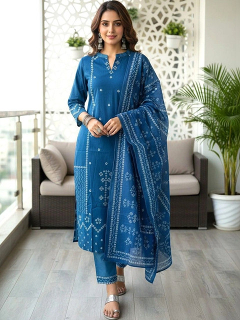 Anouk Women Ethnic Motifs Printed Regular Pure Cotton Kurta with Palazzos & With Dupatta