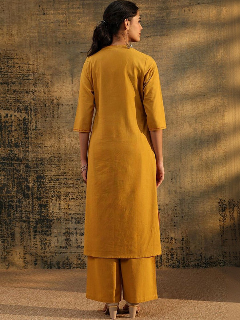 Libas Mustard Floral Embroidered Cotton Co-Ord Set - Image 5