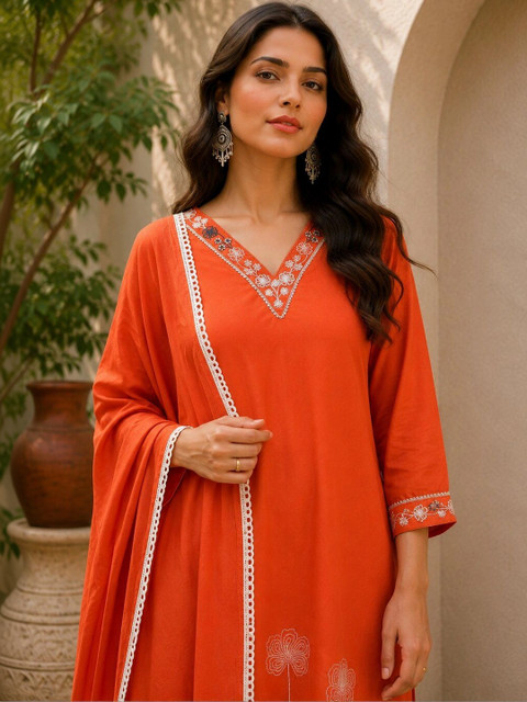 Moda Rapido Women Ethnic Motifs Embroidered Regular Thread Work Kurta with Trousers & With Dupatta - Image 5