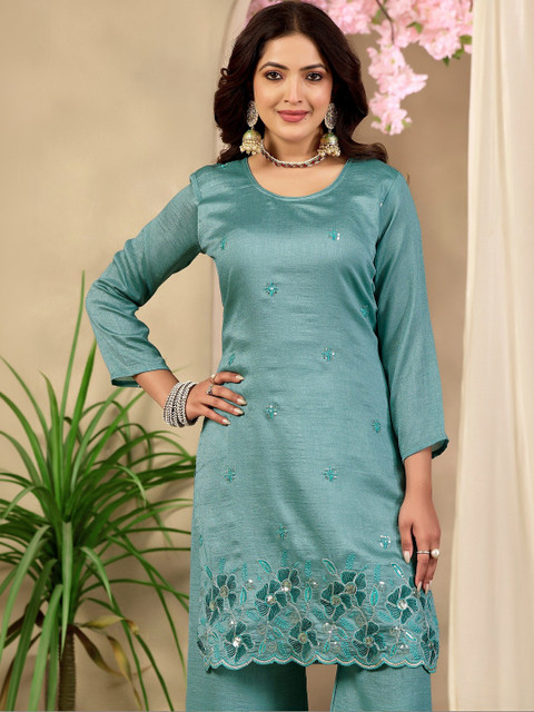 Sangria Floral Embroidered Tunic with Palazzos - Image 2