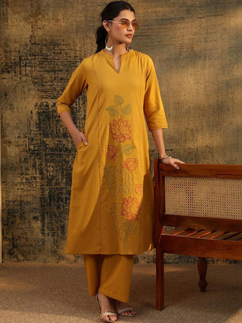 Libas Mustard Floral Embroidered Cotton Co-Ord Set - Image 4