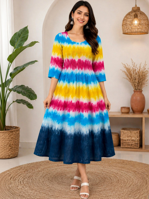 KASIBAA Tie and Dye Dyed Fit & Flare Midi Dress