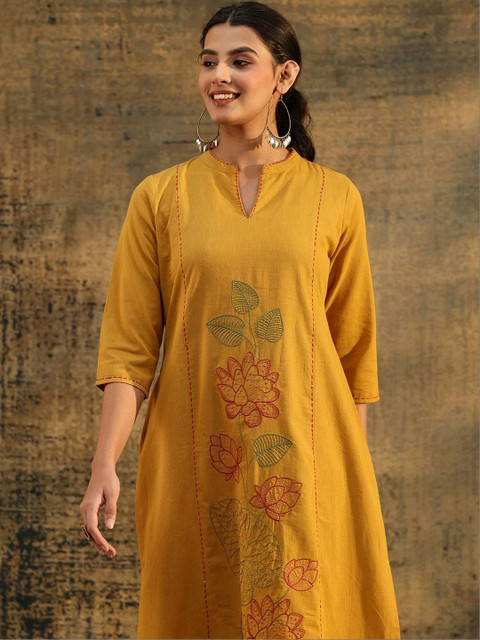 Libas Mustard Floral Embroidered Cotton Co-Ord Set - Image 3