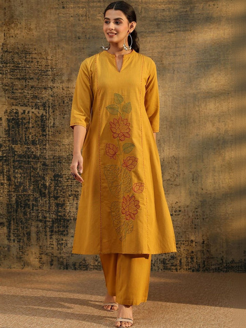 Libas Mustard Floral Embroidered Cotton Co-Ord Set