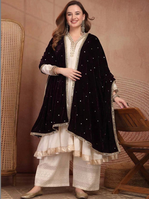 Clora Creation Velvet Dupatta with Sequinned