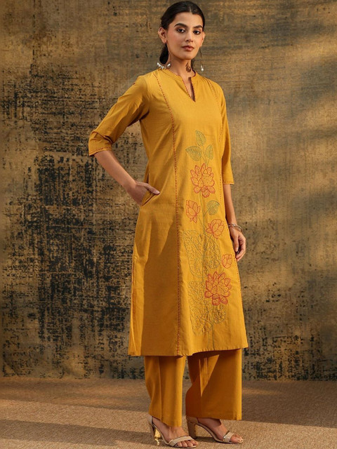Libas Mustard Floral Embroidered Cotton Co-Ord Set - Image 2