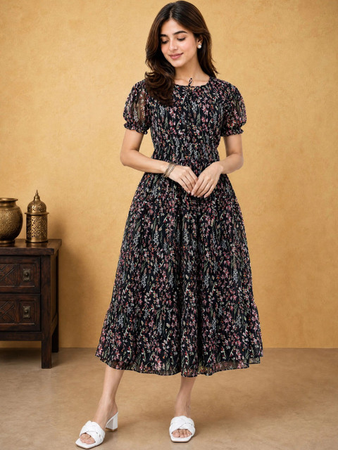 QENA Floral Print Puff Sleeve Georgette A-Line Midi Dress