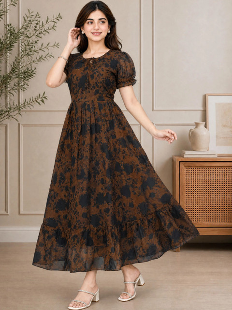 QENA Floral Print Puff Sleeve Georgette A-Line Maxi Dress
