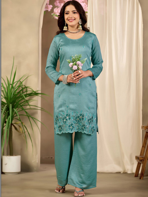 Sangria Floral Embroidered Tunic with Palazzos