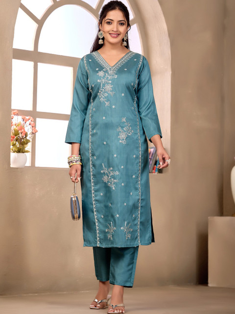 Sangria Floral Embroidered Tunic with Trousers