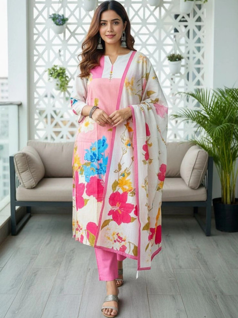 Anouk Women Floral Printed Regular Pure Cotton Kurta with Trousers & With Dupatta