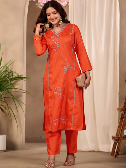 Sangria Floral Embroidered Tunic with Trousers