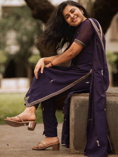 GoSriKi Women Ethnic Motifs Printed Regular Thread Work Kurta with Trousers & With Dupatta - Image 3