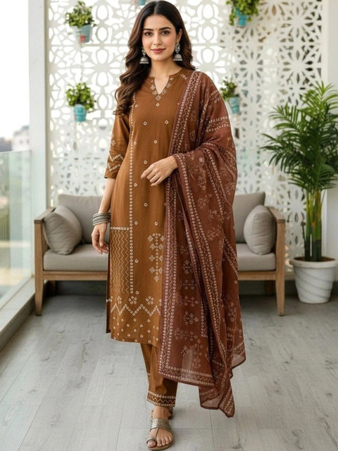 Anouk Women Ethnic Motifs Printed Regular Pure Cotton Kurta with Trousers & With Dupatta