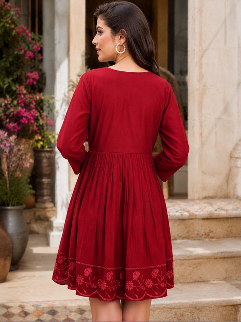 NAVYAAZRI Floral Embroidered Fit & Flare Dress - Image 3