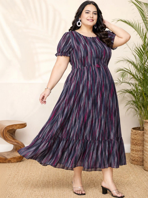 QENA Print Puff Sleeve A-Line Midi Dress