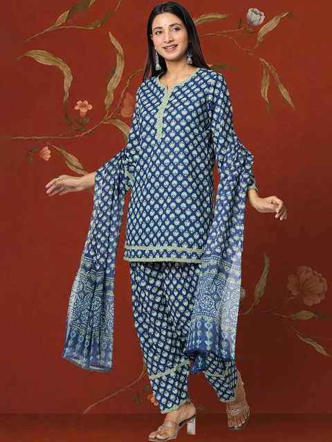 Sangria Women Ethnic Motifs Printed Regular Pure Cotton Kurta with Patiala & With Dupatta - Image 2
