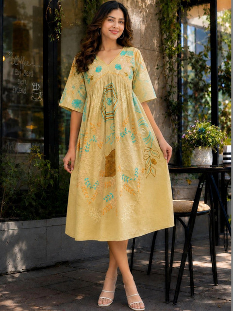PEACH PIPER Floral Print Kimono Sleeve A-Line Midi Dress