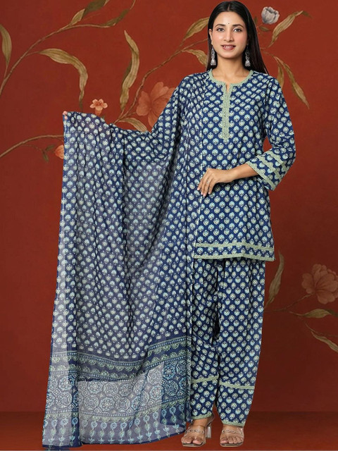Sangria Women Ethnic Motifs Printed Regular Pure Cotton Kurta with Patiala & With Dupatta