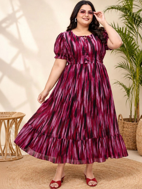 QENA Print Puff Sleeve Ruffled A-Line Maxi Dress