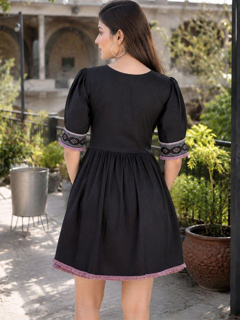 NAVYAAZRI Ethnic Motifs Embroidered Puff Sleeve A-Line Mini Dress - Image 3