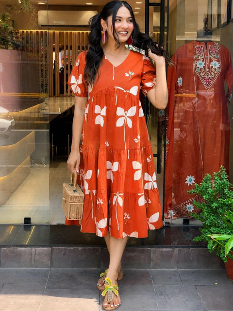 KASIBAA Floral Print Puff Sleeve A-Line Dress