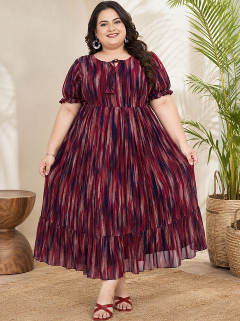 QENA Print Puff Sleeve A-Line Midi Dress