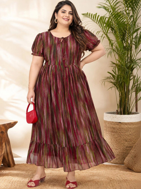 QENA Print Puff Sleeve Ruffled A-Line Maxi Dress
