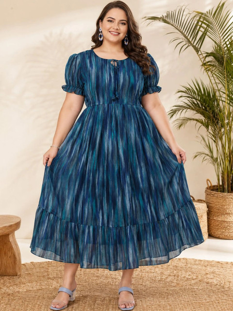 QENA Print Puff Sleeve Ruffled A-Line Maxi Dress