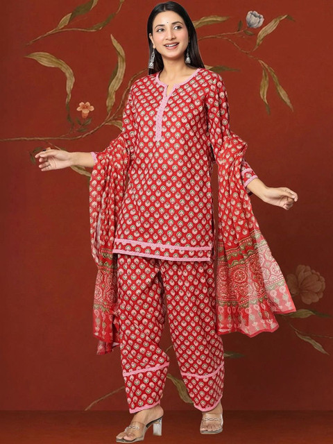 Sangria Women Ethnic Motifs Printed Regular Pure Cotton Kurta with Patiala & With Dupatta