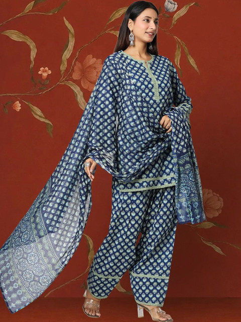 Sangria Women Ethnic Motifs Printed Regular Pure Cotton Kurta with Patiala & With Dupatta - Image 3