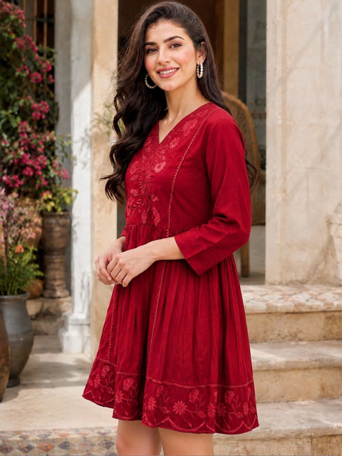 NAVYAAZRI Floral Embroidered Fit & Flare Dress - Image 5