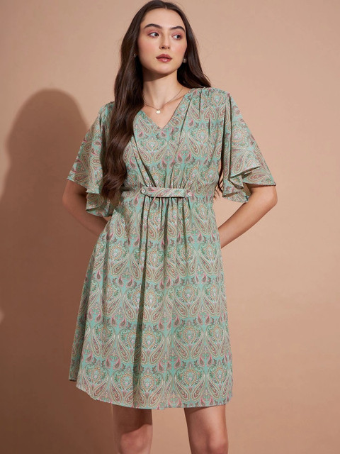 DressBerry Print Flared Sleeve Chiffon A-Line Dress