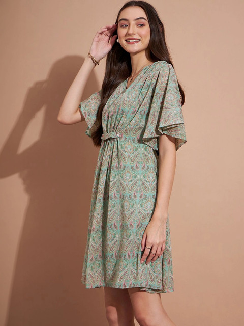 DressBerry Print Flared Sleeve Chiffon A-Line Dress - Image 4