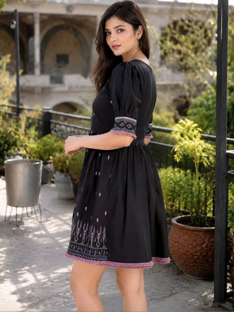 NAVYAAZRI Ethnic Motifs Embroidered Puff Sleeve A-Line Mini Dress - Image 5