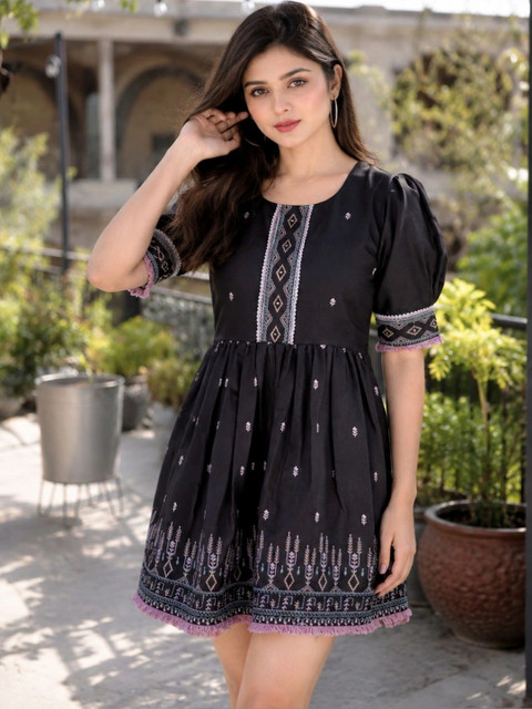 NAVYAAZRI Ethnic Motifs Embroidered Puff Sleeve A-Line Mini Dress - Image 4