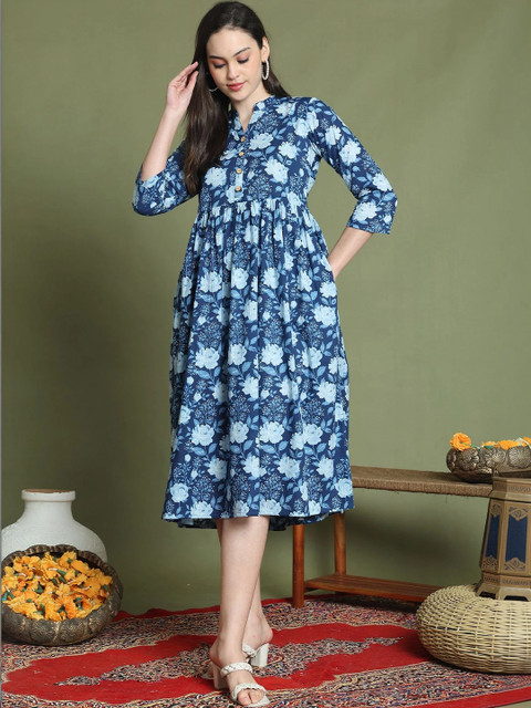 Roly Poly Floral Print A-Line Midi Dress
