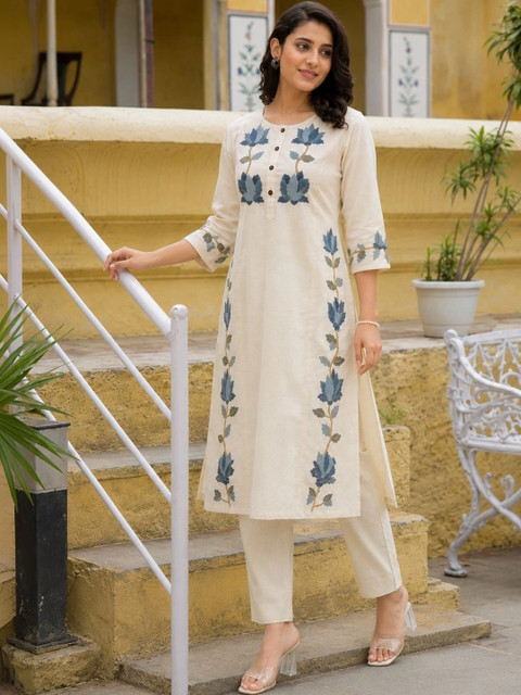 Moda Rapido Women Floral Embroidered Regular Thread Work Pure Cotton Kurta with Trousers - Image 4