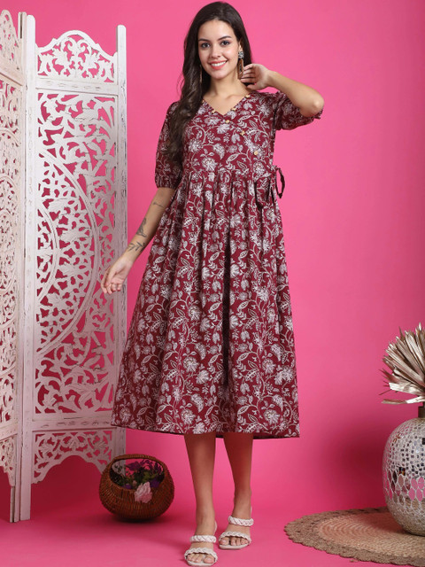 Roly Poly Floral Print A-Line Midi Dress