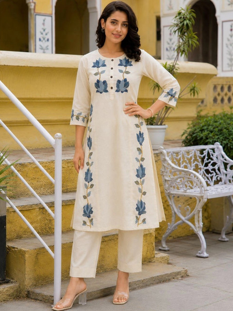 Moda Rapido Women Floral Embroidered Regular Thread Work Pure Cotton Kurta with Trousers