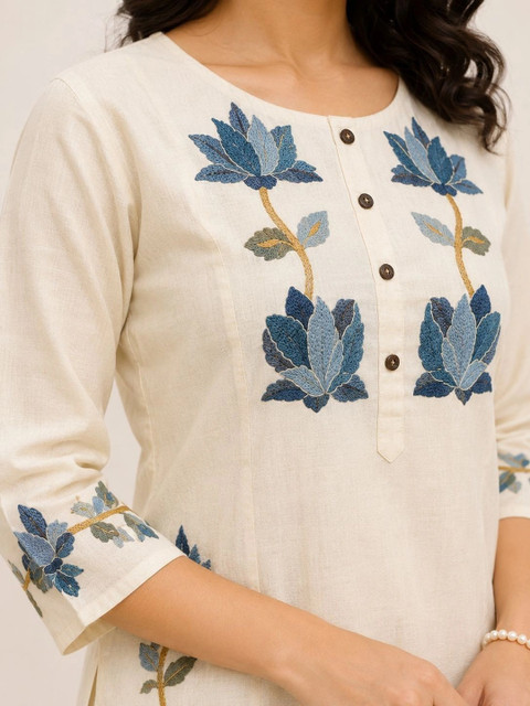 Moda Rapido Women Floral Embroidered Regular Thread Work Pure Cotton Kurta with Trousers - Image 5