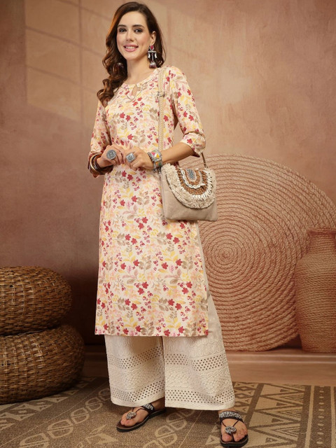 KIMAYRA Women Floral Printed Keyhole Neck Floral Kurta